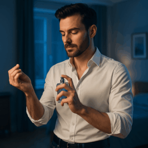 Young British man applying cologne in stylish room, matching fragrance to outfit in UK climate.